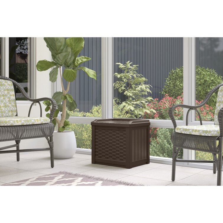 Suncast Wicker 22 Gallon Water Resistant Resin Deck Box with Storage Seat in Java